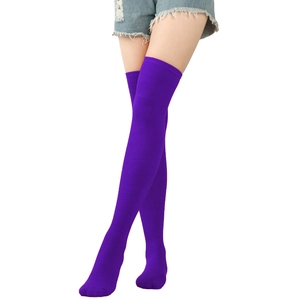 Purple striped over-knee socks in knitted fabric shown on model with white background