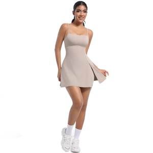 Detail of slim fit tennis dress with thin straps and side slit for active wear