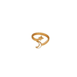 Adjustable gold plated star and moon ring with white shell heart inlay for women