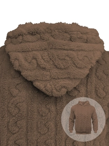 Detail view of brown fleece hoodie with thick cable knit texture and soft plush material