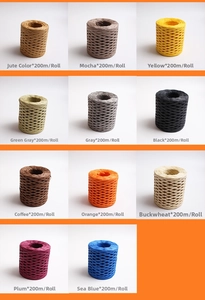 Grid display of 11 colorful 200m raffia paper rolls for gift wrapping and DIY crafts