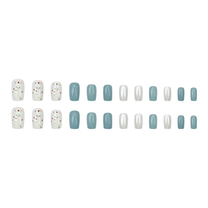 Blue and white polka dot press-on nail kit with pearl finish in 24-piece short square set