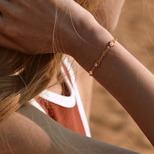 Handmade 18K gold plated brass chain bracelet with colorful Hamsa Hand and Evil Eye charms