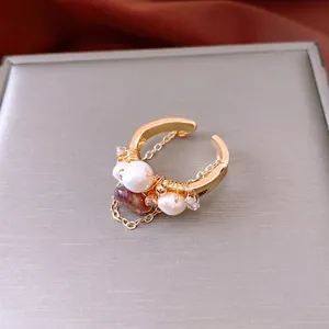 Handmade Wire Wrapped Open Ring With Artificial Pearl Purple Stone Zircon And Chain Fringe Vintage Gold Plated Jewelry
