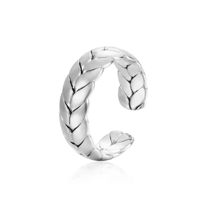 Silver woven wheat pattern open ring in stainless steel with polished finish
