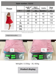 Detailed size chart for mesh tutu mini dress including length and bust measurements