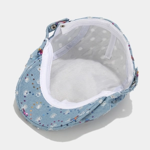 Detailed interior view of the sequined denim newsboy cap with breathable mesh lining