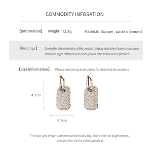 Close-up of silver-tone rectangular drop earrings with micro-pave crystals and copper base