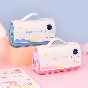 Large Capacity Double Layer Handheld Pencil Case EVA Canvas PU Cartoon Astronaut Space Theme Stationery Pouch Cute School