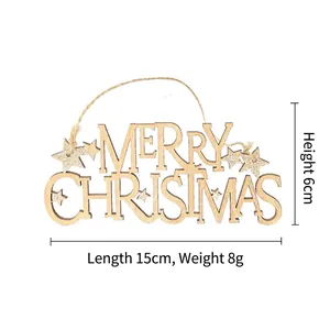 Hollow wood Merry Christmas sign decoration with glitter star and hemp rope, 15x6cm size