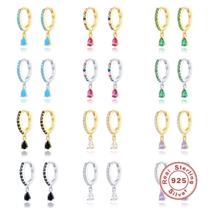 925 Sterling Silver Huggie Hoop Earrings With Pear Cut Colorful Zircon Water Drop Charms Trendy Jewelry For Women