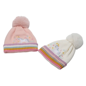 Bonnets tricotés licorne pour enfants avec pompons doux et revers à rayures colorées