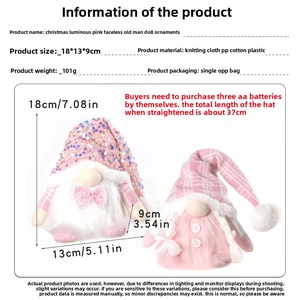Detailed spec sheet showing pink Christmas gnome dimensions and battery requirements
