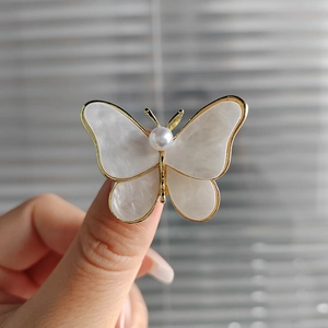 Detailed macro of a gold-trimmed butterfly brooch with mother of pearl and a central pearl