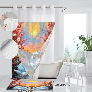 Détail du rideau de bain peinture cygne et tapis antidérapant avec dimensions 60x40cm