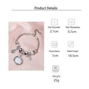 Beaded charm bracelet watch with rose gold crown pendant and quartz movement for women
