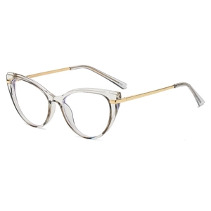 Cat eye glasses with transparent grey frames and golden metal temples for women