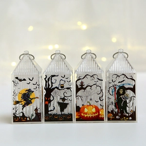 Set of four plastic Halloween lanterns with witch, pumpkin, and reaper patterns