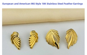 Macro detail of 18K gold plated stainless steel feather earrings with textured patterns