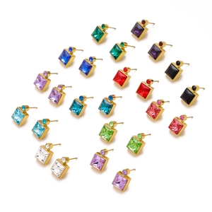 Detailed grid of square gemstone earrings in vibrant colors with gold-tone settings