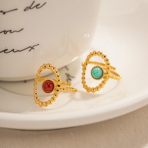 Vintage luxury gold adjustable ring with oval red and turquoise natural stones