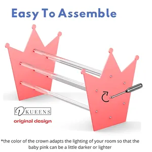 Pink crown acrylic headband display stand with clear rods and easy assembly guide