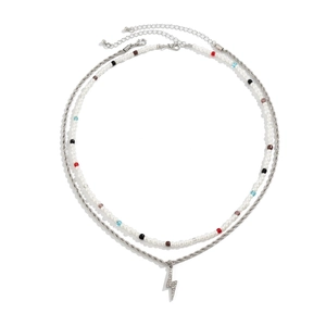 Men's double-layer necklace with silver rope chain, lightning pendant and colored pearls