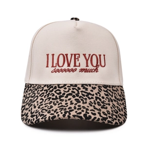 Retro baseball cap with cherry embroidery, leopard print brim, and I Love You text