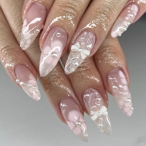 Faux Ongles Press On Long Amande Rose Avec Dentelle Blanche Et Décor Nœud Papillon Dimensionnel Élégant Style Français Femme