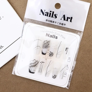 Press-on nails with Chinese ink wash bamboo painting and mountain landscape design