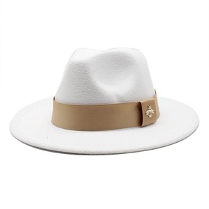 Elegant white wool fedora hat with wide brim, khaki ribbon and gold bee accent
