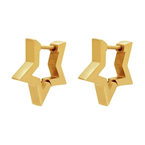 Macro detail of geometric star-shaped gold earrings with brushed metallic texture finish