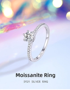 Macro shot of S925 silver six-prong moissanite ring with detailed side-set zircon stones