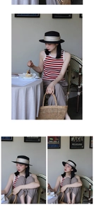 French vintage wide brim straw hat paired with a red striped top and woven bag