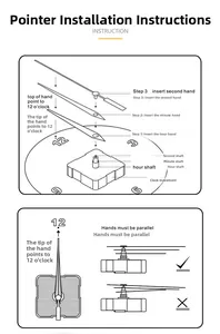 Installation guide showing quartz clock movement parts and parallel hand alignment steps