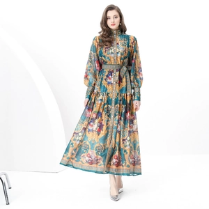 Vintage high-neck floral maxi dress with balloon sleeves and baroque prints in blue and gold