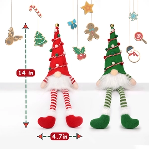 Detailed size specifications for red and green Christmas gnomes, height 14 in, width 4.7 in