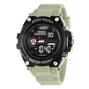 Waterproof digital sports watch in light green with black case and luminous display
