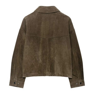 Back view of brown faux suede jacket with textured finish and metal snap button cuffs