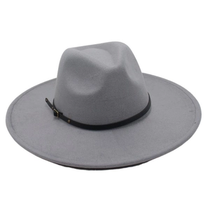 Detail of light gray wool fedora hat featuring a black leather belt with gold metal buckle