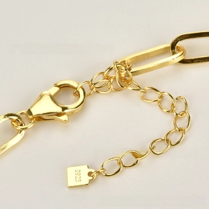 Macro detail of gold lobster clasp and S925 sterling silver chain links on a necklace