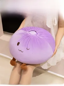 Detail of soft purple cartoon steamed bun plush pillow with cute legs and embroidery