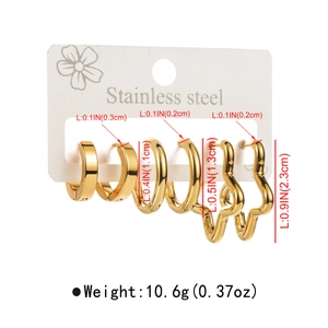 Detailed view of 3-pair gold stainless steel geometric hoop earrings set with dimensions