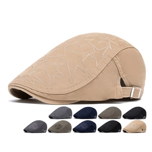 Classic cotton flat cap for men featuring star embroidery and adjustable side metal buckle