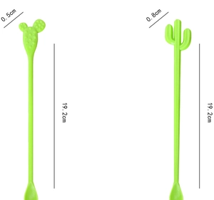 Detailed view of long handle cactus stirrers in green with 19.2cm length dimensions