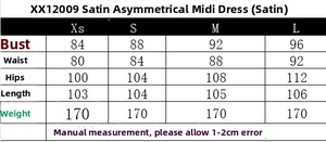 Detailed size guide for V-neck satin asymmetric midi dress showing measurements in cm