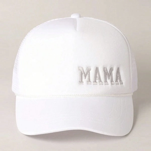 White MAMA embroidered trucker hat with mesh back and adjustable strap for sun protection