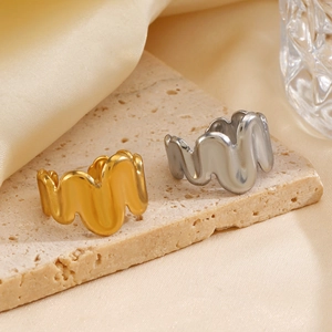 Minimalist 18K gold plated wavy open ring with fluid lava texture for women
