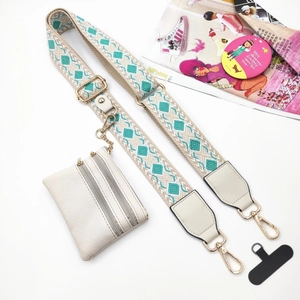 Adjustable bohemian style woven crossbody phone strap with white leather coin purse and gold clips