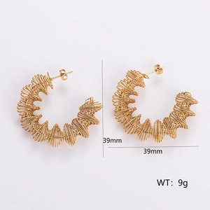 Detail view of 39mm gold geometric wire hoop earrings with size and weight specifications